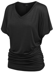 WT1037 Women's Solid Short Sleeve V Neck Dolman Top with Side Shirring