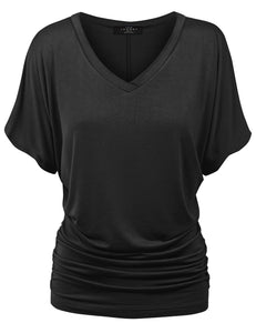 WT1037 Women's Solid Short Sleeve V Neck Dolman Top with Side Shirring