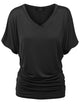 WT1037 Women's Solid Short Sleeve V Neck Dolman Top with Side Shirring