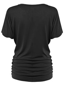 WT1037 Women's Solid Short Sleeve V Neck Dolman Top with Side Shirring