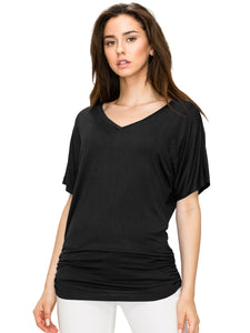 WT1037 Women's Solid Short Sleeve V Neck Dolman Top with Side Shirring