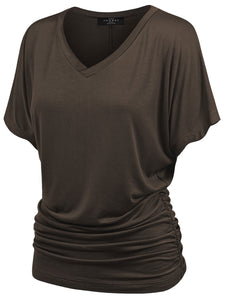WT1037 Women's Solid Short Sleeve V Neck Dolman Top with Side Shirring
