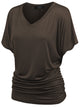 WT1037 Women's Solid Short Sleeve V Neck Dolman Top with Side Shirring