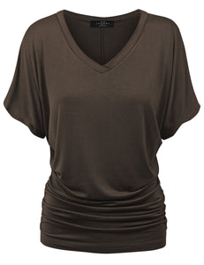 WT1037 Women's Solid Short Sleeve V Neck Dolman Top with Side Shirring