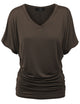 WT1037 Women's Solid Short Sleeve V Neck Dolman Top with Side Shirring