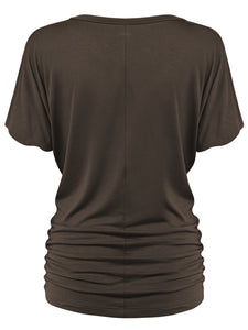 WT1037 Women's Solid Short Sleeve V Neck Dolman Top with Side Shirring