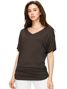 WT1037 Women's Solid Short Sleeve V Neck Dolman Top with Side Shirring