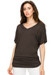 WT1037 Women's Solid Short Sleeve V Neck Dolman Top with Side Shirring