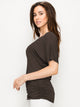 WT1037 Women's Solid Short Sleeve V Neck Dolman Top with Side Shirring