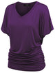 WT1037 Women's Solid Short Sleeve V Neck Dolman Top with Side Shirring