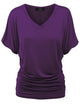 WT1037 Women's Solid Short Sleeve V Neck Dolman Top with Side Shirring