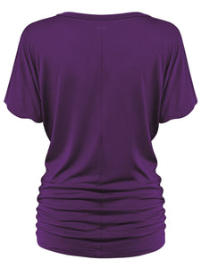WT1037 Women's Solid Short Sleeve V Neck Dolman Top with Side Shirring