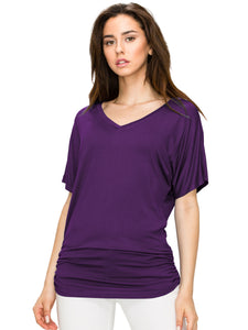 WT1037 Women's Solid Short Sleeve V Neck Dolman Top with Side Shirring