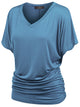 WT1037 Women's Solid Short Sleeve V Neck Dolman Top with Side Shirring