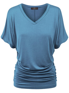 WT1037 Women's Solid Short Sleeve V Neck Dolman Top with Side Shirring