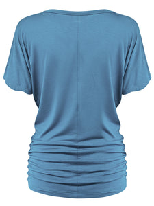 WT1037 Women's Solid Short Sleeve V Neck Dolman Top with Side Shirring