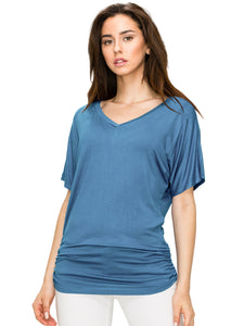 WT1037 Women's Solid Short Sleeve V Neck Dolman Top with Side Shirring