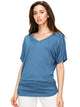 WT1037 Women's Solid Short Sleeve V Neck Dolman Top with Side Shirring