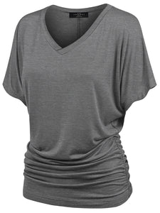 WT1037 Women's Solid Short Sleeve V Neck Dolman Top with Side Shirring