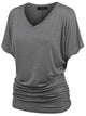 WT1037 Women's Solid Short Sleeve V Neck Dolman Top with Side Shirring