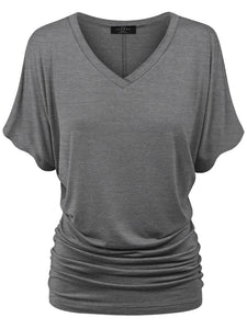 WT1037 Women's Solid Short Sleeve V Neck Dolman Top with Side Shirring