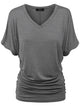 WT1037 Women's Solid Short Sleeve V Neck Dolman Top with Side Shirring