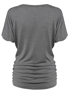 WT1037 Women's Solid Short Sleeve V Neck Dolman Top with Side Shirring