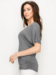 WT1037 Women's Solid Short Sleeve V Neck Dolman Top with Side Shirring