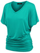 WT1037 Women's Solid Short Sleeve V Neck Dolman Top with Side Shirring