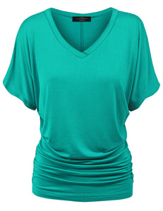 WT1037 Women's Solid Short Sleeve V Neck Dolman Top with Side Shirring