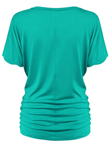 WT1037 Women's Solid Short Sleeve V Neck Dolman Top with Side Shirring