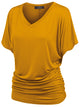 WT1037 Women's Solid Short Sleeve V Neck Dolman Top with Side Shirring