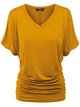WT1037 Women's Solid Short Sleeve V Neck Dolman Top with Side Shirring