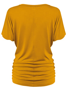 WT1037 Women's Solid Short Sleeve V Neck Dolman Top with Side Shirring
