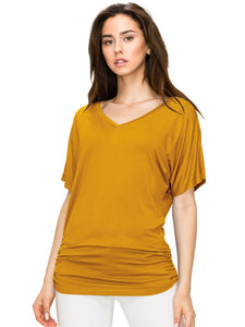 WT1037 Women's Solid Short Sleeve V Neck Dolman Top with Side Shirring