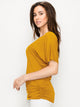 WT1037 Women's Solid Short Sleeve V Neck Dolman Top with Side Shirring