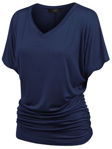 WT1037 Women's Solid Short Sleeve V Neck Dolman Top with Side Shirring