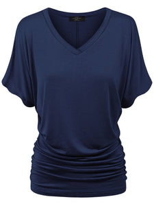 WT1037 Women's Solid Short Sleeve V Neck Dolman Top with Side Shirring
