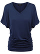 WT1037 Women's Solid Short Sleeve V Neck Dolman Top with Side Shirring
