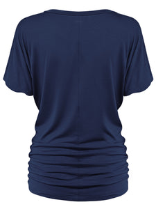 WT1037 Women's Solid Short Sleeve V Neck Dolman Top with Side Shirring