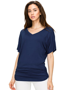 WT1037 Women's Solid Short Sleeve V Neck Dolman Top with Side Shirring