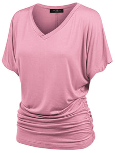 WT1037 Women's Solid Short Sleeve V Neck Dolman Top with Side Shirring