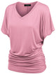 WT1037 Women's Solid Short Sleeve V Neck Dolman Top with Side Shirring