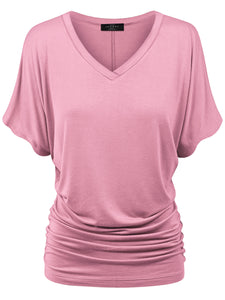 WT1037 Women's Solid Short Sleeve V Neck Dolman Top with Side Shirring