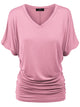WT1037 Women's Solid Short Sleeve V Neck Dolman Top with Side Shirring