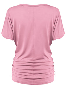WT1037 Women's Solid Short Sleeve V Neck Dolman Top with Side Shirring