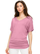 WT1037 Women's Solid Short Sleeve V Neck Dolman Top with Side Shirring