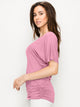 WT1037 Women's Solid Short Sleeve V Neck Dolman Top with Side Shirring
