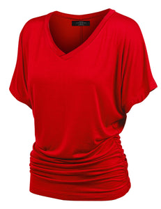 WT1037 Women's Solid Short Sleeve V Neck Dolman Top with Side Shirring