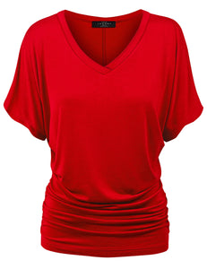 WT1037 Women's Solid Short Sleeve V Neck Dolman Top with Side Shirring